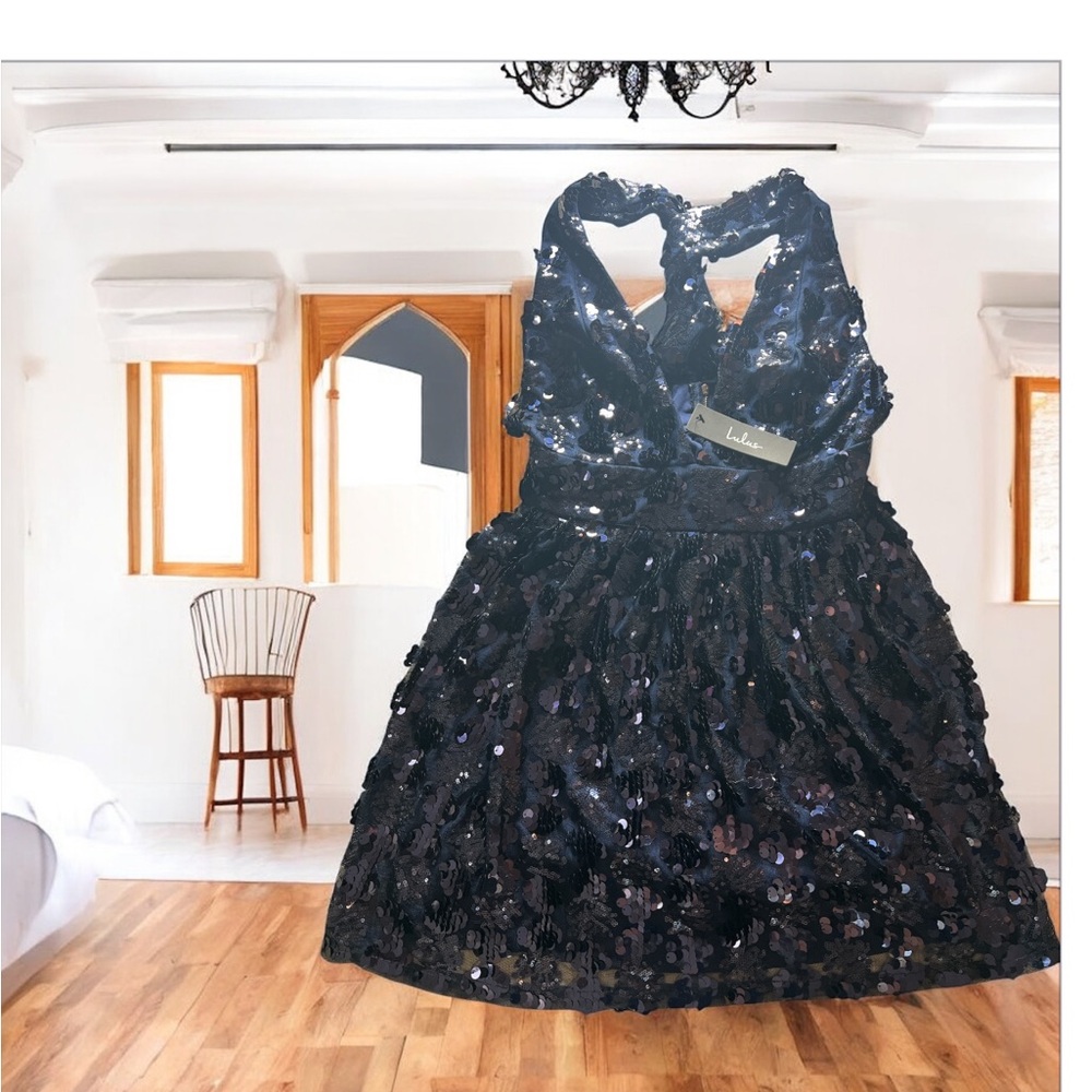 Lulus Navy Blue Sequin Fit & Flare Dress Size M Halter Open Back NWT Party Glam